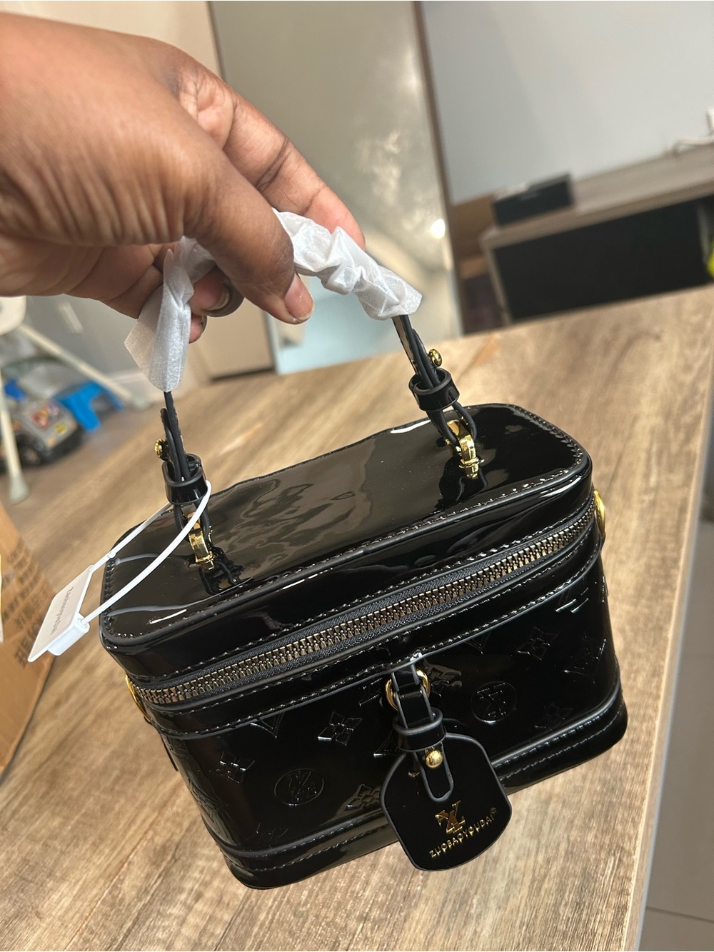 Patent Mini Vanity Bag with Top Handle in Black